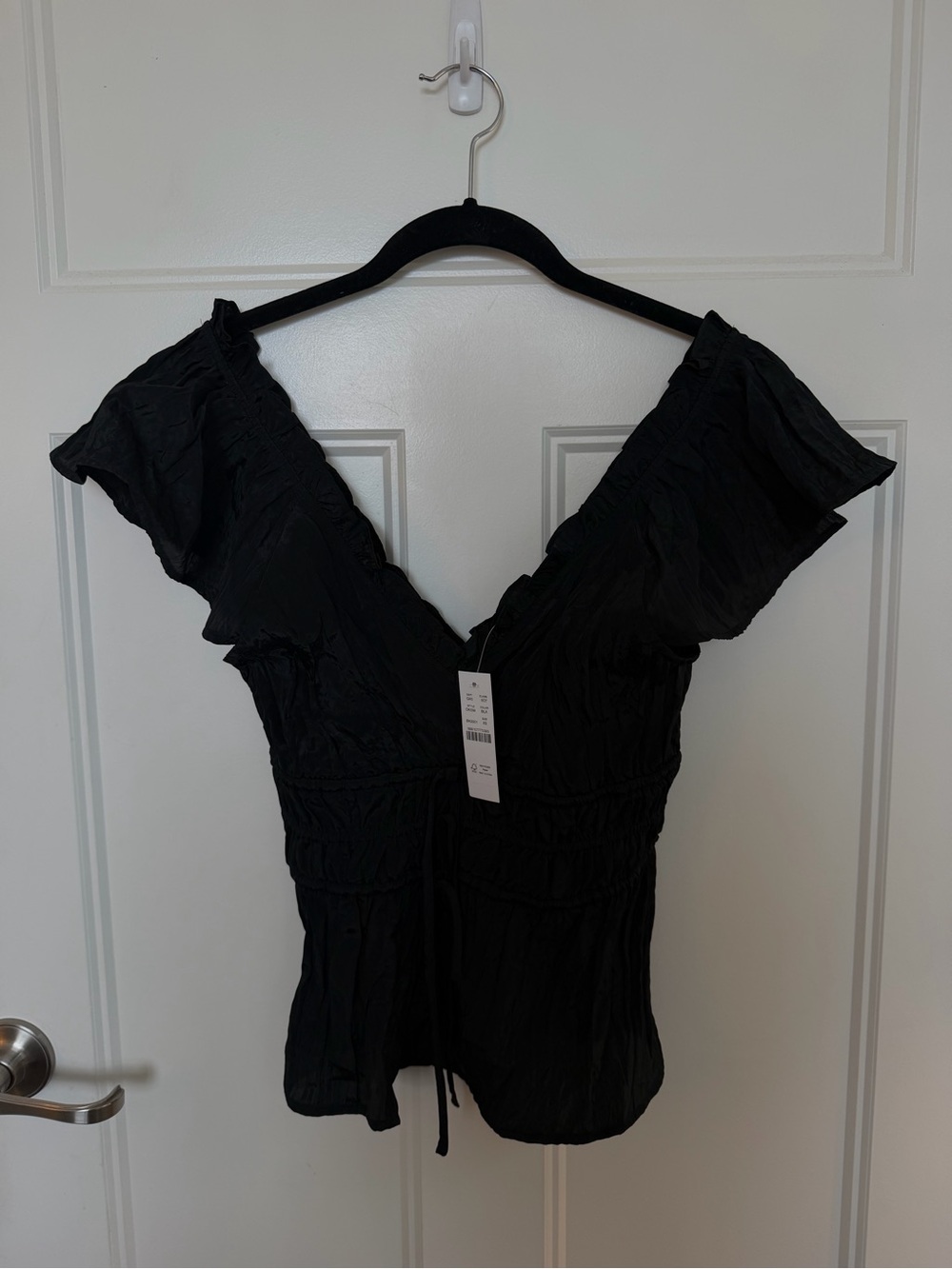 J. Crew Black V-Neck Flutter Sleeve Blouse
